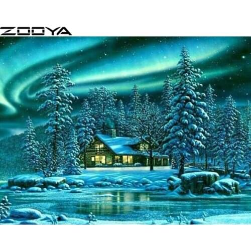 Diamond Embroidery Cross-Stitch Kit 5d DIY Diamond Painting Embroidered With Rhinestones Green Landscape Aurora Snowy House R668