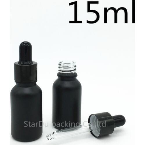 Free shipping 10pcs 15ml black frosted glass essential oil bottle with shiny black ring dropper glass perfume bottle