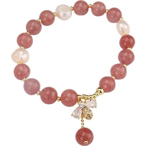 Strawberry crystals beaded bracelet natural semi-precious stone real pearl bracelet cz stone bee pendant round stone elastic one