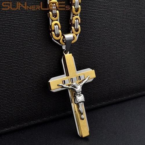 SUNNERLEES Stainless Steel Jesus Christ Cross Pendant Necklace Byzantine Link Chain Silver Color Gold Plated Men SP227