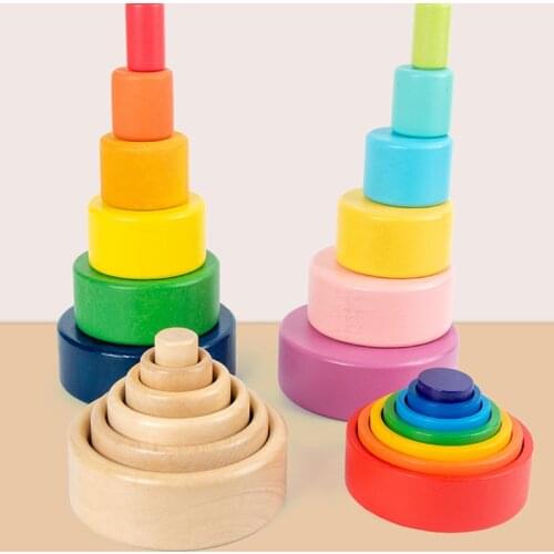 Baby Wooden Rainbow Stacking Nesting Cup Blocks Round Shape Nature Wood Stackable Bowls Colorful Montessori Toys For Kids Gifts