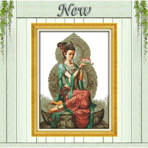 Dunhuang lotus female girls Decor paintings Counted Printed on canvas DMC 11CT 14CT Cross Stitch Sets embroidery kits Needlework