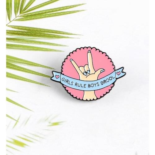 Pink Round Gesture Enamel Pin Girl Rule Boy Drool Brooch Denim Jeans shirt bag Couple Love Jewelry Gift for Friends Couple