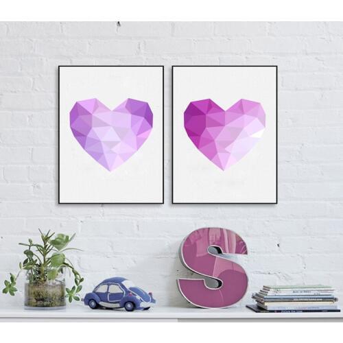 Geometric Heart Shape Diamond Love Canvas Art Print Painting Poster , Purple Heart Shaped Print Love Wall Pictures Art Decor