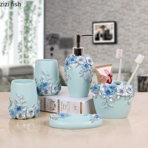 Classical Pansy Pattern Resin Bathroom Accessories Toothpaste Holder Bath Lotion Bottle Mouth Cup Soap Dish Vanity Mirror