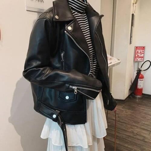 Korean Women Black Lapel Slim Short Faux PU Leather Jacket Belt Lace Up Spring Autumn Casual Female Motorcycle Biker Outerwear