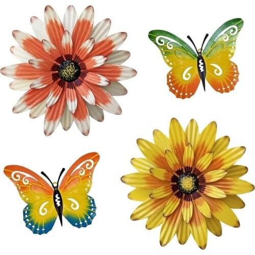 Metal Flowers Outdoor Wall Decor, 4PCS Flower & Butterfly Wall Art Decor, Wall Sculptures for Garden Fence, Yard, Porch