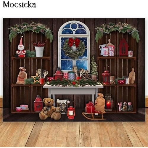 MOCSICKA Christmas Kitchen Cupboard Photography Backdrops Xmas Wreath Winter Window Decor Photo Props Studio Booth Background