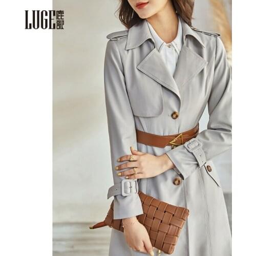 2021 autumn new fashion knee coat temperament waist closing slim large windbreaker womens middle and long style