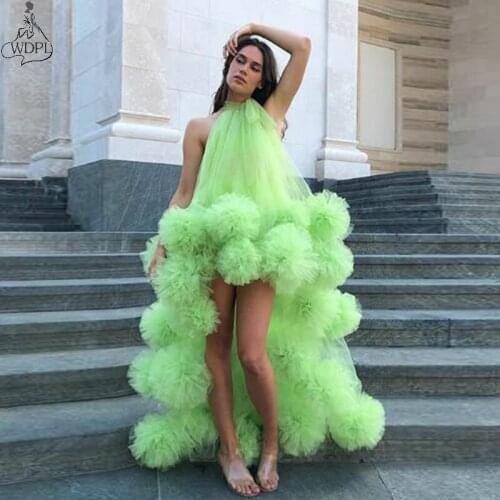 Hippie Style High low Prom Dresses Girls Lime Green Tulle Irregular Halter Chic Cocktail Dress Homecoming Birthday Party Gowns