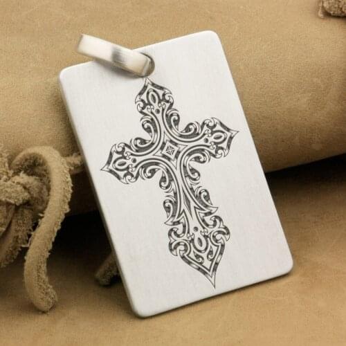 Cross Deep Engraved High Detail Solid 925 Sterling Silver Mens Biker Rocker Punk Dog Tag Pendant 9X012 JP