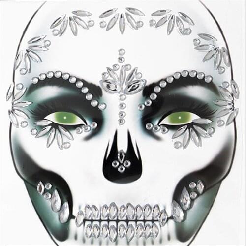 Festival Skull Bone Face Jewelry Rhinestone Halloween Sticker for Carnival Night Clubbing Makeup Body Art Fake Tattoo
