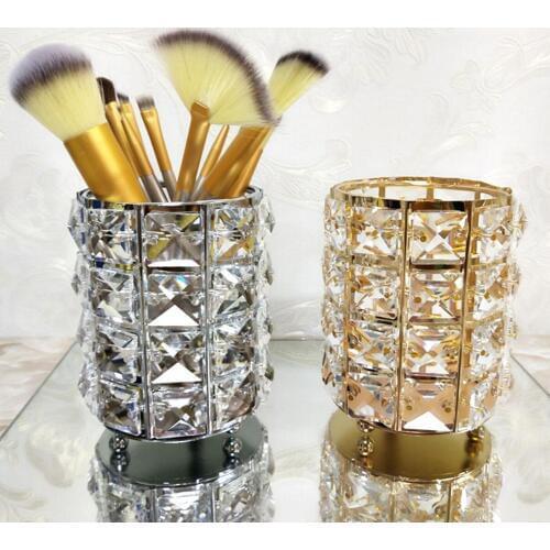 Luxury Faux Crystal Inlaid Cylinder Storage Holder Makeup Cosmetic Brush Pencil Pen Multi-Purpose Crystal Storage Bucket Rack