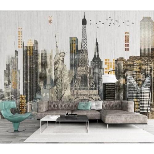 Modern simple hand-painted urban architecture statue of liberty iron tower line background wall decoration wallpaper murals