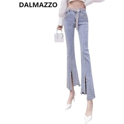 Large Size High Waist Students Push Up Blue Cowboy Full Length 2021 Summer Casual Thin Beading Flares Pants Jeans for Women 2XL