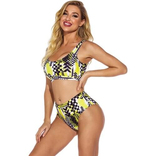2021 Beach Printed Diving Sports Women 2 Piece Swimsuit Bikini Set Swimwear Top High Waist Bikini Swimming Suit For Ladies
