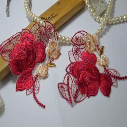 4pcs/lot)Red Shiny Silk Rose Flower Wedding Bridal Embroidery Lace Patch Sewing Lace Applique 201691010