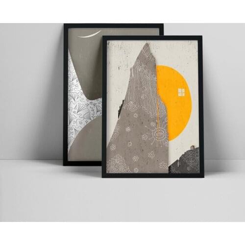 Abstract Gray Collage, Gray Mountain, Yellow Sun Poster, Set of 2 Prints, Geometric Shapes, Contemporary Wall Art, Scats, Minima