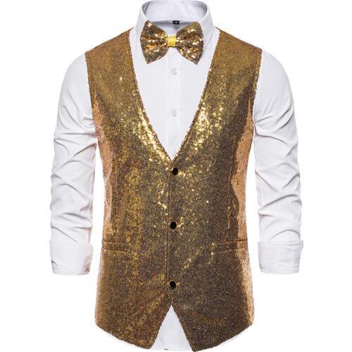 Shiny Gold Sequin Glitter Dress Waistcoat Men Slim Fit V Neck Mens Vest Single Breasted Wedding Party Stage Prom Costume Gilet