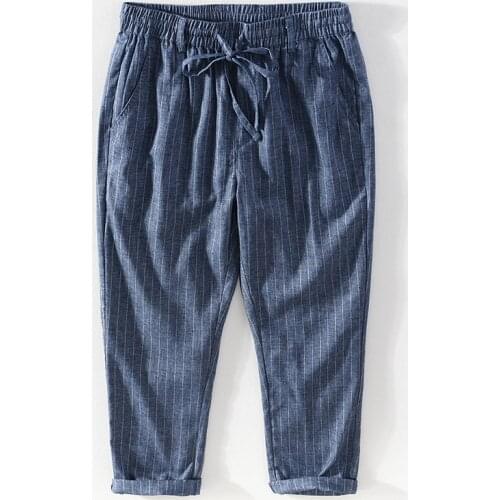 Stripe Linen Pants Men Lightweight Summer Male Drawstring Elastic Waist Casual Beach Trousers 2021 New