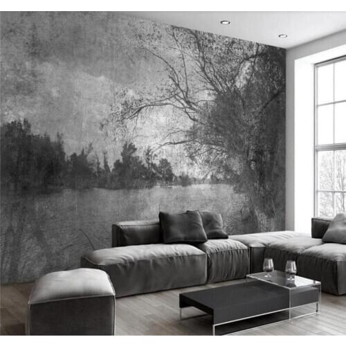 Custom wallpaper black and white retro minimalist landscape woods Nordic TV background wall high-grade waterproof material
