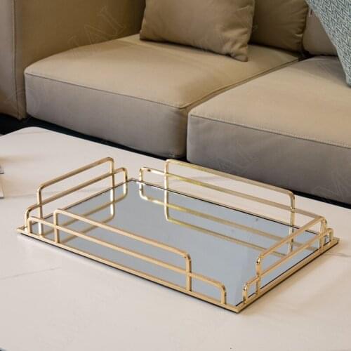 European Mirror Storage Tray Gold-plated Frame Hollow Out Decorative Living Room Tableware Organizer Afternoon Tea Cake Tray