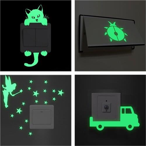 Cute Cat Dog Fairy Car Pattern Glow Sticker Luminous In The Dark Switch Decal Kids Room Home Decoration Diy Vinly Wall Mural Art