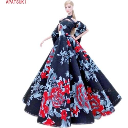 Black Floral Fashion Wedding Dress for Barbie Doll Clothes Outfits Evening Dresses Party Gown Scarf 1/6 Doll Accessories DIY