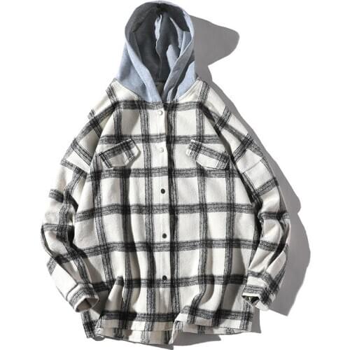 Shirt With Hooded Autumn and Spring New Brand Hip-Hop Lattice Shirt Coat Men Streetwear Single Breasted Shirts