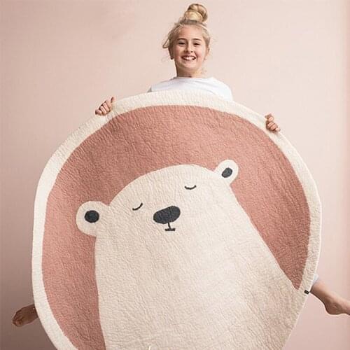 Soft Cartoon Round Carpet Floor Mat Bedroom Polyester Animal Rainbow Rug Anti-Slip Baby Play Mat Nordic Kids Room Decoration