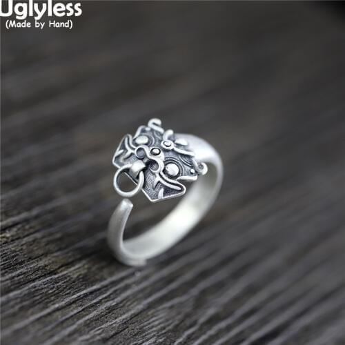 Uglyless China Mythical Animals Brave Troops Jewelry Sets for Women Vintage Thai Silver 925 Silver Studs Earrings Open Rings Set