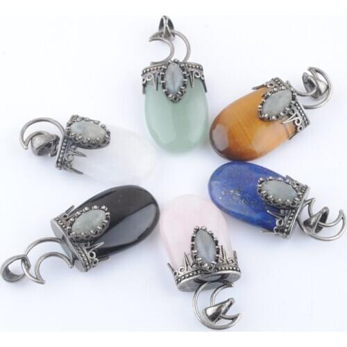 Wholesale 6Pcs/Lot Natural Stone Crown Moon Pendants For Necklace Antique Silver Color Charm Jewelry Gift Hot Selling QBN417