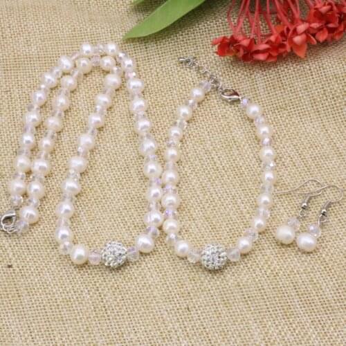 Natural white freshwater 7-8mm pearl beads necklace earrings bracelet for women bride elegant wedding gift diy jewelry set B3179