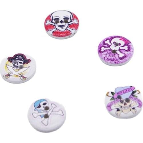 Printed Skull Wooden Buttons Scrapbooking Carft Sewing Decoration Round Handmade Buttons Mixed Color 2 Holes 100pcs