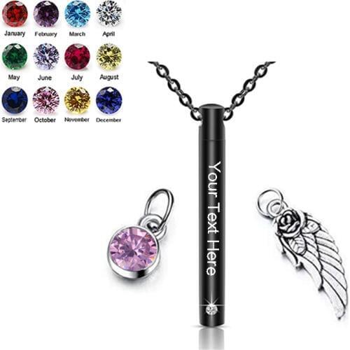 Custom Angel Wings Cylinder Women Men Urn Necklace for Ashes Birthstone Jewelry Crystal Pendant Stainless Steel Memorial Jewelry