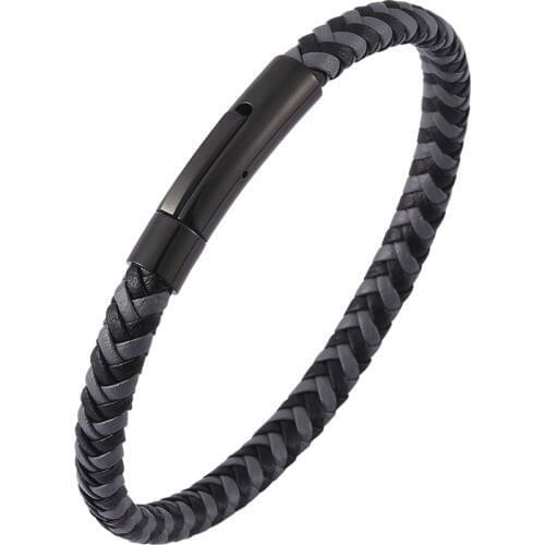 Simple Unisex Jewelry Black Gray Braided Leather Bracelet for Men Women Fashion Accessories S.Steel Clasp Leather Bangle SP0499