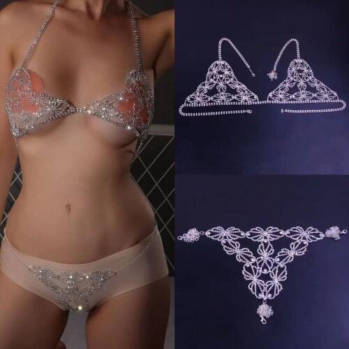 Rhinestone Bow-knot Sexy Body Chain Harness Bra Underwear Set Body Jewelry for Women Luxury Crystal Thong Waist Round Panties