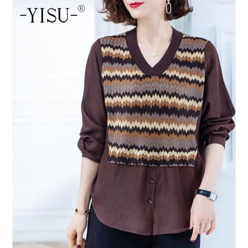 YISU 2021 Spring Women Sweater V-Neck Stitching color Knitted pullove Long sleeve Spring top Stripes Female Fashion Loose Jumper
