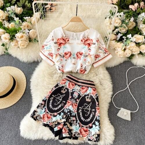 Womens Spring Summer Short Sleeve Floral Print Shirt Female Vintage High Waist Casual Wide Leg Shorts 2 Pieces Set TB982
