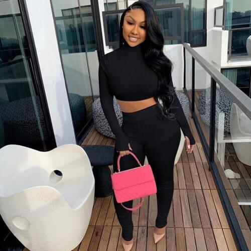 2Pcs Womens Sportswear Long Sleeve Solid Color High Collar Elastic Crop Top with Thumb Hole Tight-fitting Long Pant Outfit