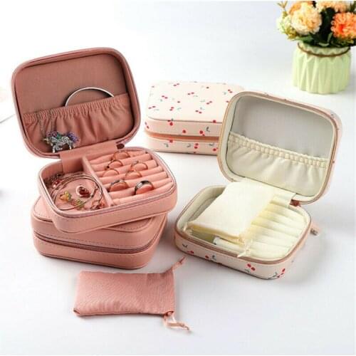 Womens Cherry Print PU Leather Display Storage Case Jewelry Box Zipper Waterproof Organizer Case for Necklace Ring Earrings