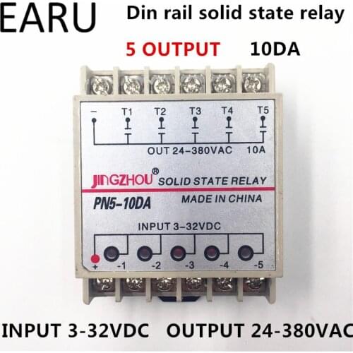 1pc 10DA 5 Channel Din Rail SSR Quintuplicate Five input 3~32VDC Output 24~380VAC Single Phase DC Solid State Relay 10A PLC Hot