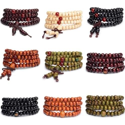 6mm Natural Sandalwood Buddhist Buddha Meditation Wood Prayer Beaded Marathi Knot Black Ebony Men Woman Bracelets & Bangles