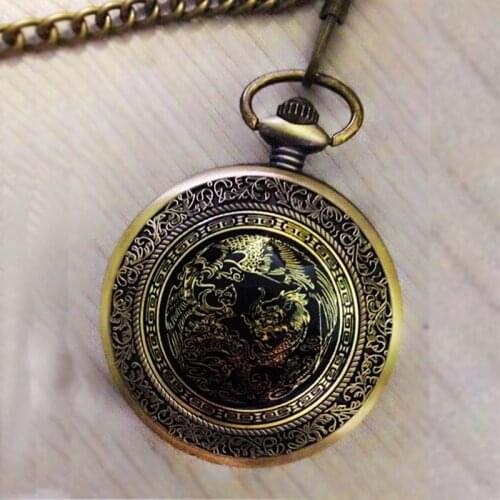 9078 Large bronze table cover engraved Chinese style nostalgic retro big dragon pattern pocket watch with necklace