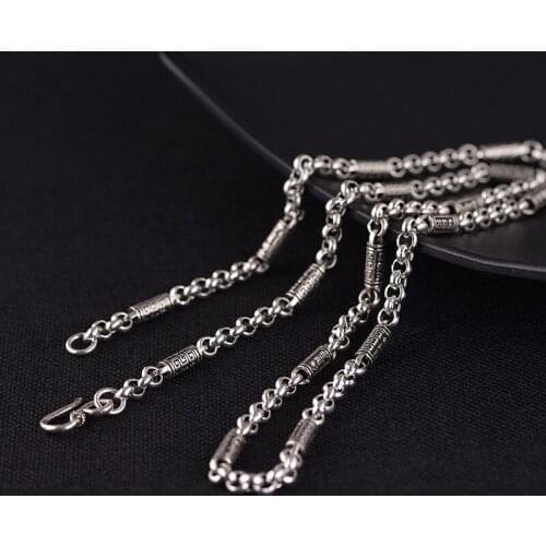 925 Sterling Silver Necklace Men Six Syllable Mantra Bamboo Chain Tibetan Buddhism Thick Silver Necklace Vintage Luxury Jewelry