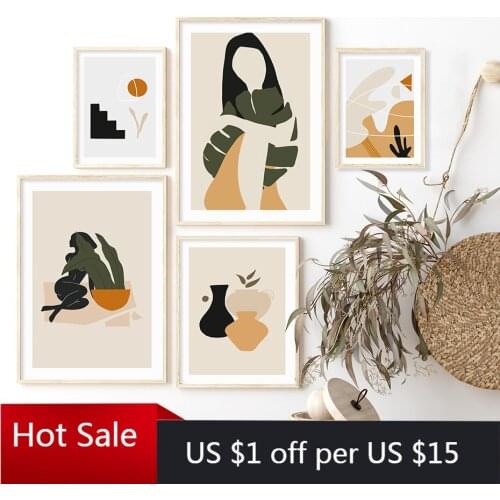 Abstract Bohemia Silhouette Natural Tropical Leaves Vase Print Art Canvas Painting Wall Decor For Posters Aesthetic Room Decor