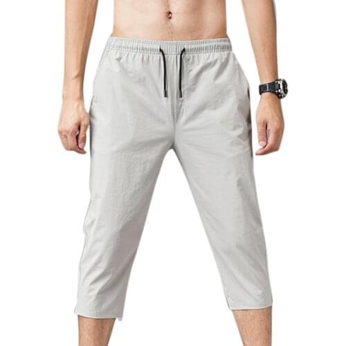 Plus Size Men Pants Casual Solid Color Male Capri Pants Elastic Waist Drawstring 3/4 Length Stretchy Men Trousers