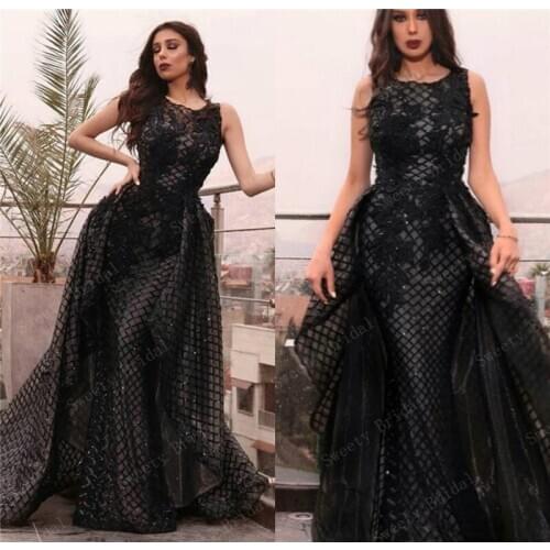 Black Dubai Mermaid Evening Dresses 2021 Applique Lace Sleeveless Saudi Arabia Muslim Formal Party Prom Gowns Detachable Train