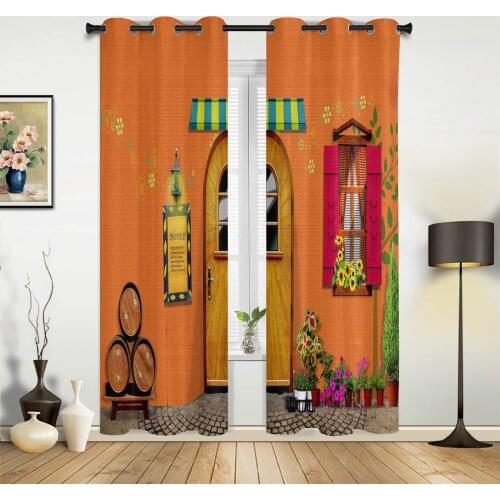 Wooden Door Wooden Barrel Flower Pot Curtains for Bedroom Kids Room Living Room Window Curtain Luxury Curtains for Kitchen