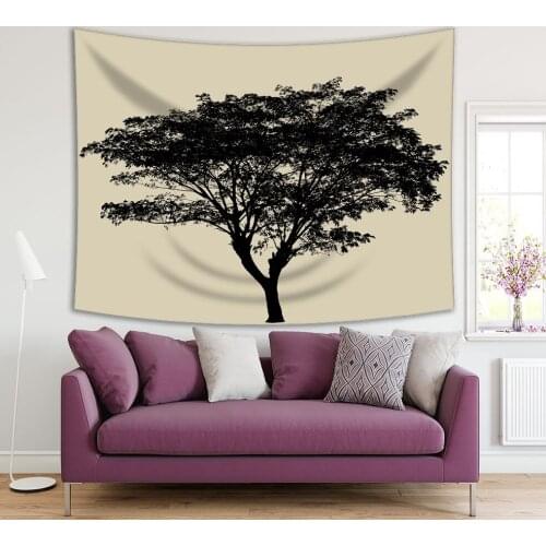 Tapestry Tree Silhouette Samanea Saman Foliage Branches Summer Countryside Nature Black and Beige Photo Printed